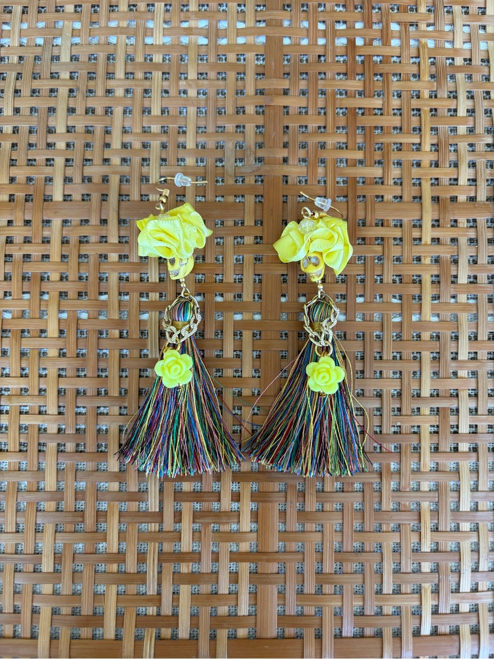 Mexican Catrina Dia de Los Muertos/Day of the Day Earrings - Yellow/Rainbow/Gold